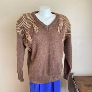 Vintage Alexa Grace Medium Brown Cable Knit Long Sleeve Sweater V-Neck Wool